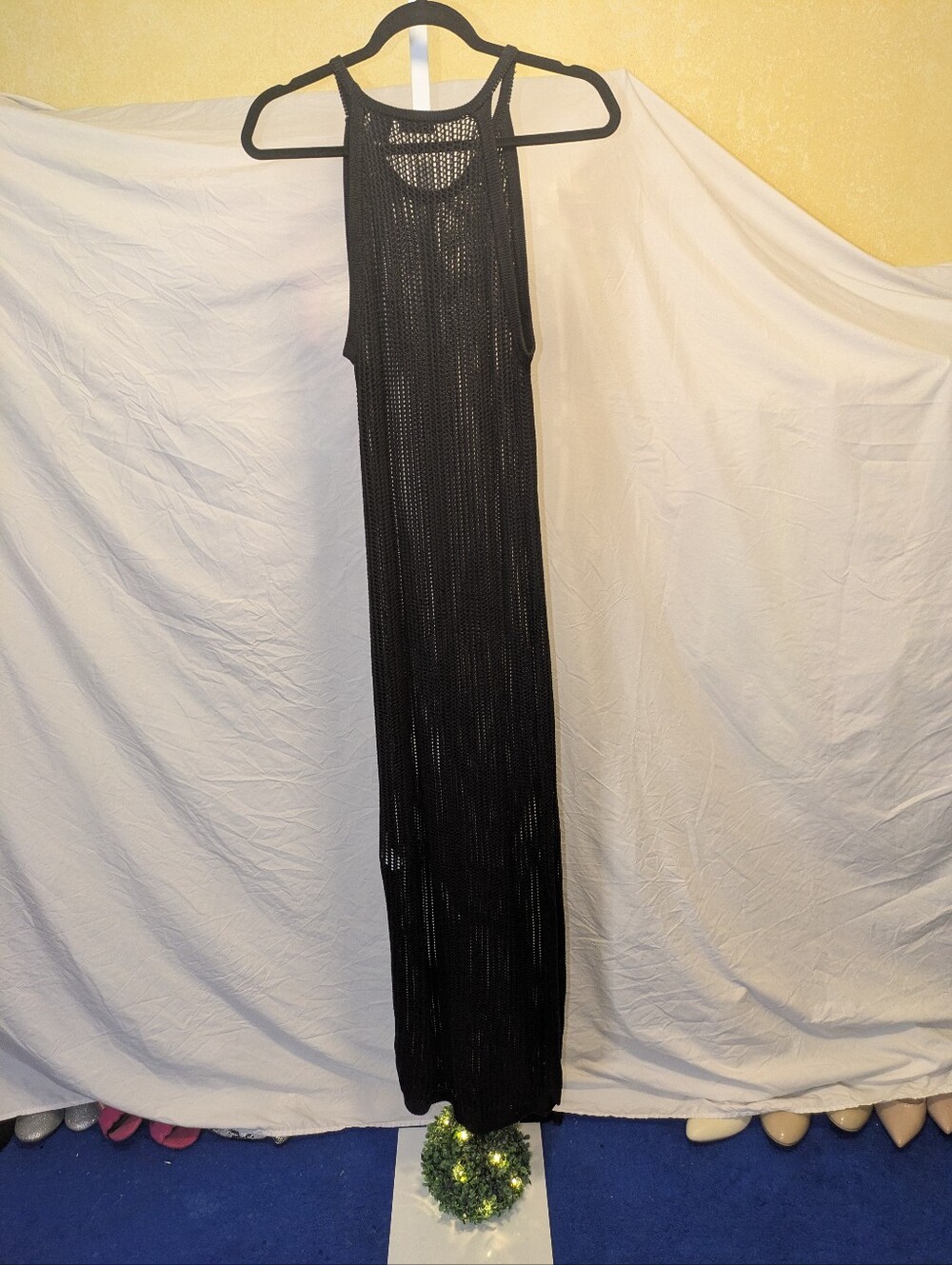 Tahari Boho Black Mesh Open Knit Tank Maxi Dress Cover Up Large